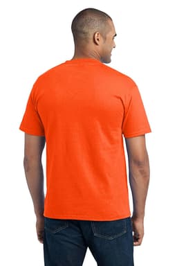 An orange short-sleeved T-shirt with a pocket, displayed from the back on a model. It features a logo on the fabric.