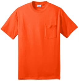 An orange t-shirt with a pocket, made from a blend of materials. It features a branding logo on the label.