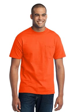 An orange short-sleeve pocket tee worn by a smiling man, featuring a simple design and a logo.