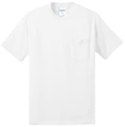 A white short-sleeve t-shirt with a pocket and a logo on the label.