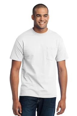 A man wearing a white short-sleeve t-shirt with a pocket, paired with dark jeans. The shirt features a logo.