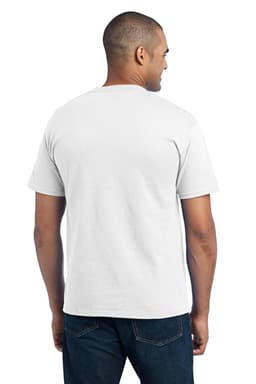 A white short-sleeve pocket t-shirt is worn by a person, viewed from the back. The shirt features a logo on the pocket.