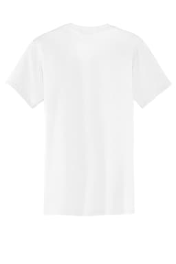 A plain white T-shirt featuring short sleeves and a pocket, with branding on the fabric.
