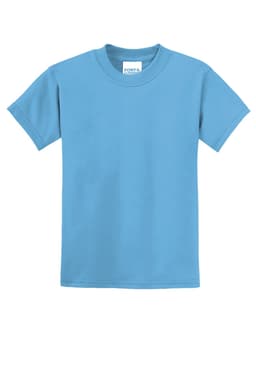 A light blue youth t-shirt with short sleeves and a round neckline, featuring a logo on the label.