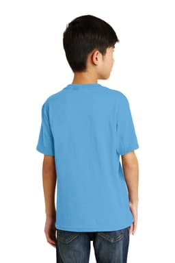 A blue youth T-shirt, featuring a standard crew neck and short sleeves, viewed from the back.
