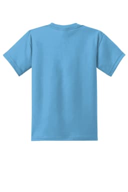 A blue youth t-shirt with short sleeves, featuring a plain back and a logo.