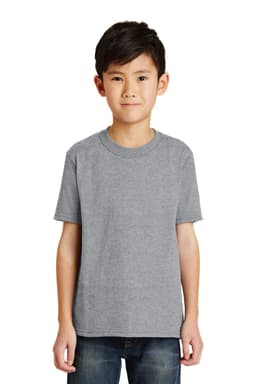 A youth t-shirt in heather grey, featuring a standard crew neckline and short sleeves. It has a logo on the front.