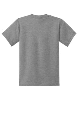 A grey youth t-shirt featuring short sleeves and a back view, with a logo on the garment.