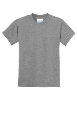 A grey youth t-shirt featuring a logo, made from a core blend fabric.