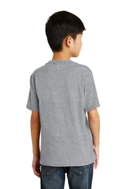 A youth grey T-shirt featuring a crew neck and short sleeves, with a logo on the back.