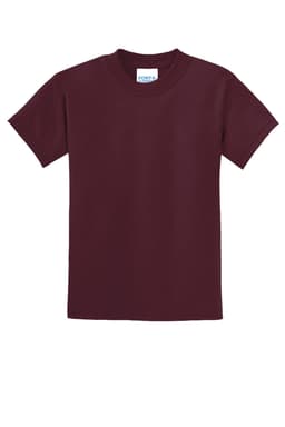 A maroon youth t-shirt with short sleeves and a logo on the neckline.