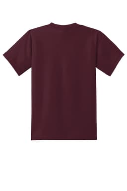 A maroon youth t-shirt featuring short sleeves and a plain back. The shirt has a branding logo on it.
