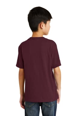 A youth t-shirt in maroon, featuring a simple design and a logo on the back.