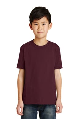 A youth in a burgundy t-shirt stands against a white background, featuring a plain design and a logo on the front.