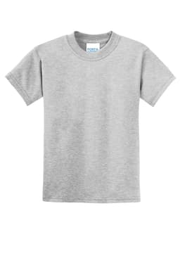 A grey youth t-shirt with short sleeves and a round neckline, featuring a brand logo.