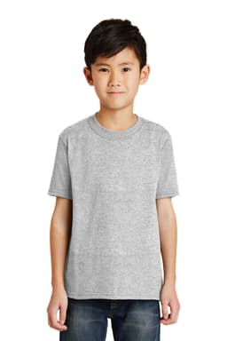 A youth grey T-shirt with short sleeves displayed on a child model, featuring a simple design.