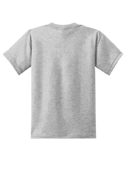 A grey youth t-shirt with a standard crew neck and short sleeves, featuring a plain back and a logo.