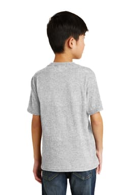 A youth grey t-shirt featuring short sleeves and a casual fit, shown from the back. Includes a logo.