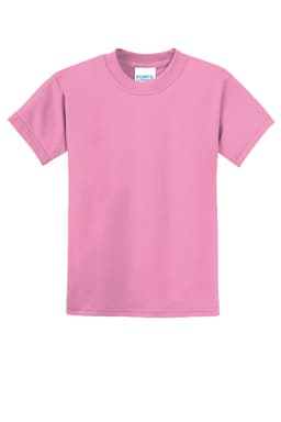 A pink youth t-shirt with short sleeves and a label. Features a logo on the tag.
