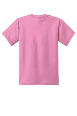 A pink youth t-shirt with a crew neck and short sleeves. The back side features a plain design and a logo.