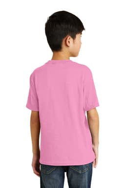 A pink youth T-shirt with short sleeves, displayed from the back, featuring a logo.
