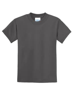 A youth t-shirt in dark grey with short sleeves and a crew neck. It features a simple design and has a brand label.