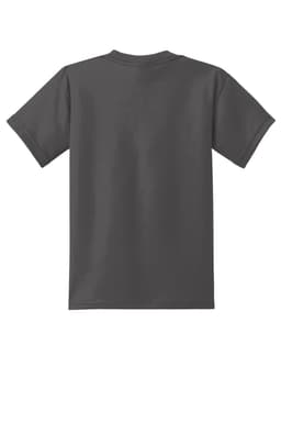 A youth-sized T-shirt in dark grey with short sleeves, featuring a blank back and a logo.