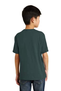 A youth T-shirt in dark green, featuring a simple design with short sleeves and a comfortable fit.