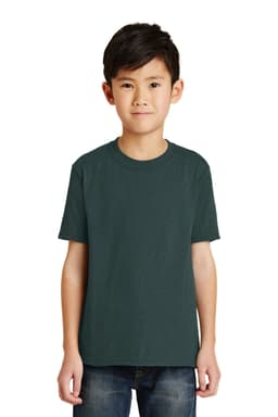 A youth t-shirt in dark green with a classic crew neckline and short sleeves. The shirt has a logo on it.