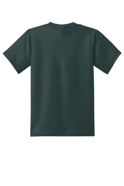 A dark green youth t-shirt with a plain back. The fabric appears soft and comfortable. It features a logo.