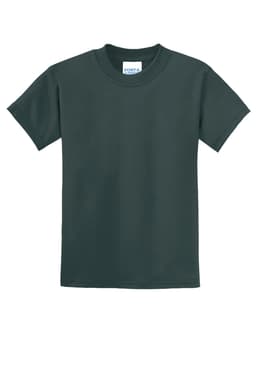 A dark green youth t-shirt with a crew neck and short sleeves. It has a branding label inside the neckline.