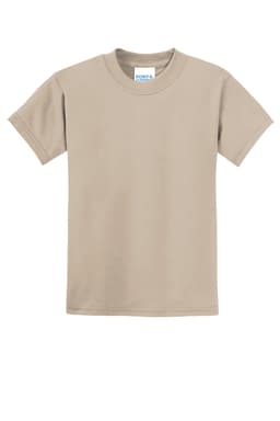 A beige youth t-shirt from Port & Company with a classic crew neck and short sleeves, featuring a logo.