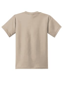 A beige youth t-shirt featuring short sleeves and a plain back. It includes a logo or branding.