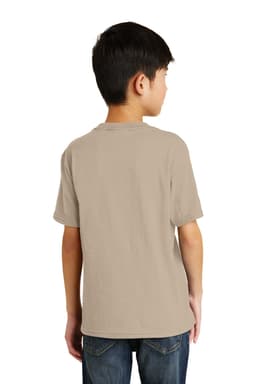 A youth t-shirt in a neutral beige colour, viewed from the back. It features short sleeves and a simple design.