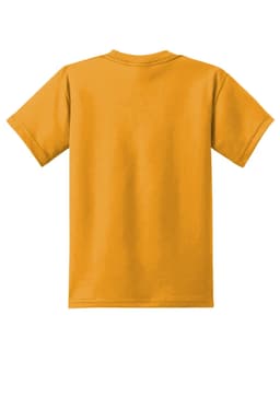 A yellow youth T-shirt featuring a simple design and a logo on the back.