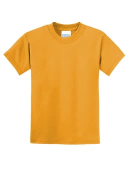 A youth t-shirt in a vibrant orange hue, featuring a logo on the collar area.