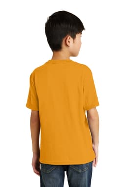 A youth-sized t-shirt in bright orange, seen from the back, featuring a logo.