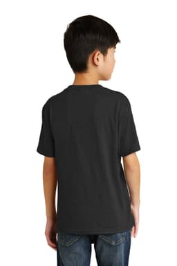 A black youth t-shirt with short sleeves, displayed from the back on a child. The shirt has a logo on it.