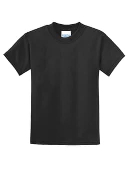 A black youth t-shirt featuring short sleeves and a round neckline, with a brand logo on the label.