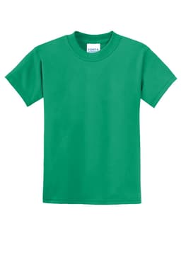 A green youth t-shirt made from a cotton blend, featuring short sleeves and a classic crew neckline.