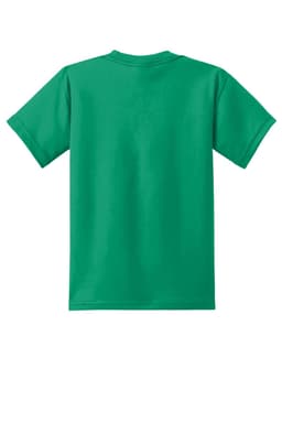 A green youth t-shirt featuring a solid back design and a crew neck. It has a logo on the label.