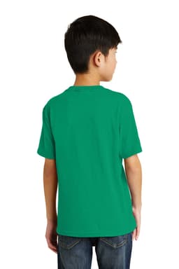 A youth short-sleeve t-shirt in bright green, featuring a logo, viewed from the back.