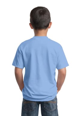 A young boy stands with his back to the viewer, wearing a light blue youth t-shirt.