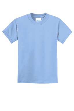 A light blue youth t-shirt featuring a logo on the label.