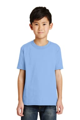 A youth t-shirt in a light blue colour, displayed on a young model with a neutral background. It has a logo.