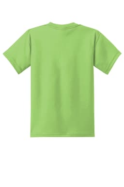 A youth t-shirt in bright green with short sleeves and a plain back, featuring a logo.