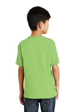A youth t-shirt in bright green, featuring a crew neck and short sleeves, with a logo on the back.