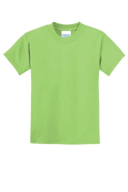 A bright green youth t-shirt with short sleeves and a label on the collar.