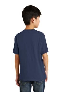 A navy blue youth t-shirt, featuring short sleeves and a simple back design, displayed on a young boy.