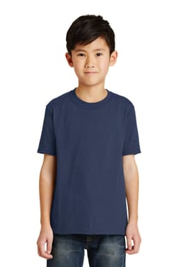 A navy blue youth t-shirt featuring a logo, suitable for casual wear.